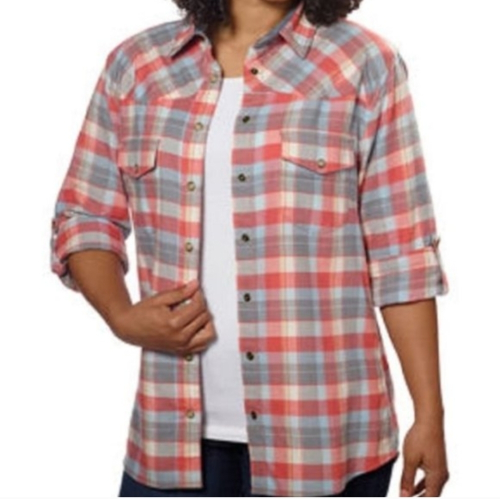 Jachs Girlfriend Coral and Sky Plaid Shirt